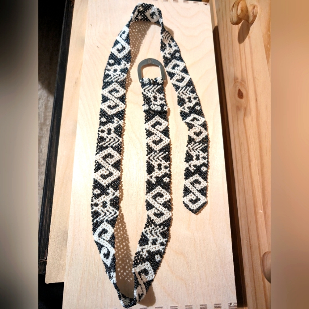 Hand Crafted Black and White Beaded Waist Belt